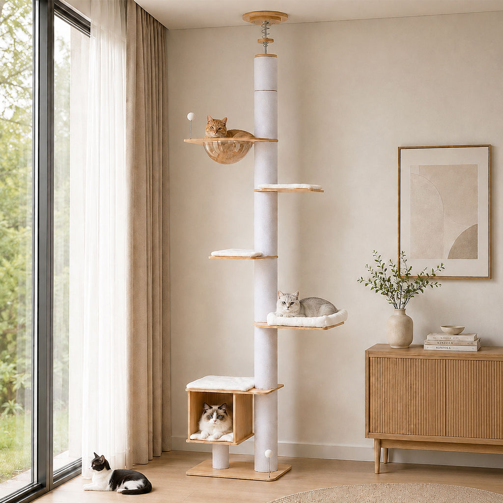 Wood Floor-to-Ceiling Cat Tree with Clear Capsule – White — detail 5