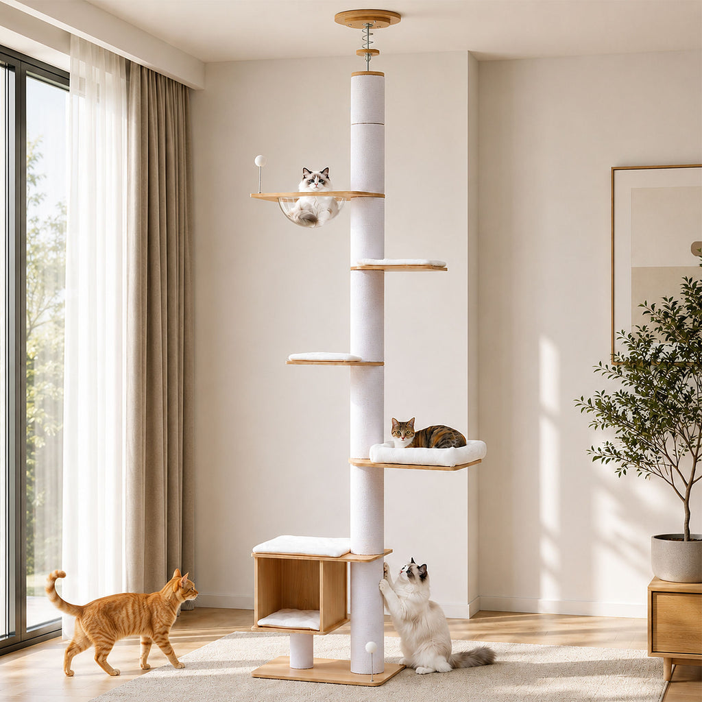 Wood Floor-to-Ceiling Cat Tree with Clear Capsule – White — detail 6