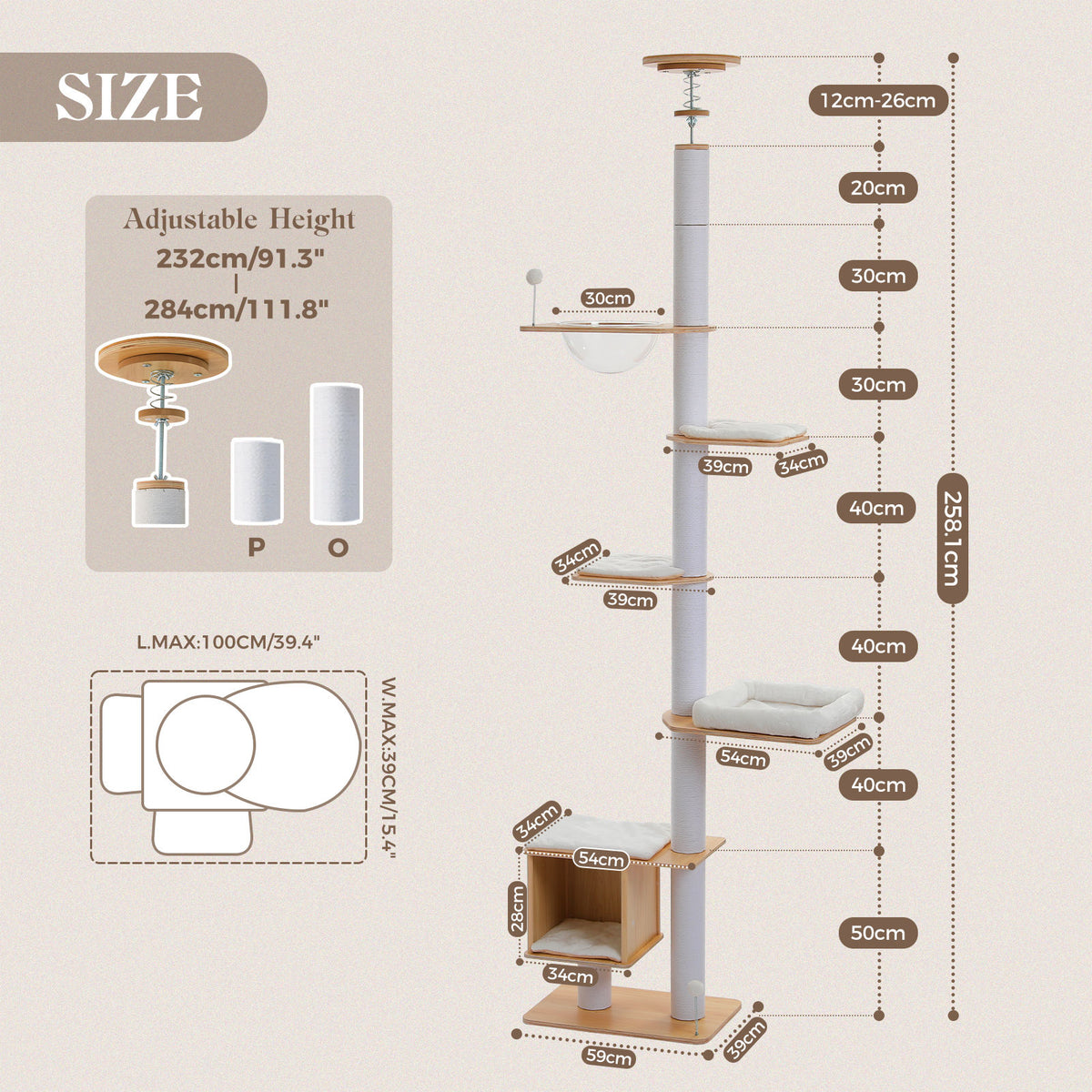 Wood Floor-to-Ceiling Cat Tree with Clear Capsule – White — detail 7