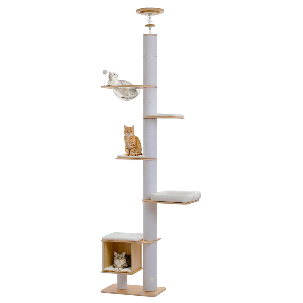 Wood Floor-to-Ceiling Cat Tree with Clear Capsule – White — detail 8