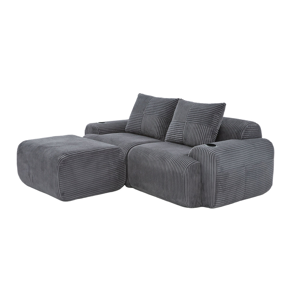 Dark Grey Corduroy 2-Seater Modular Sofa with Ottoman — detail 22