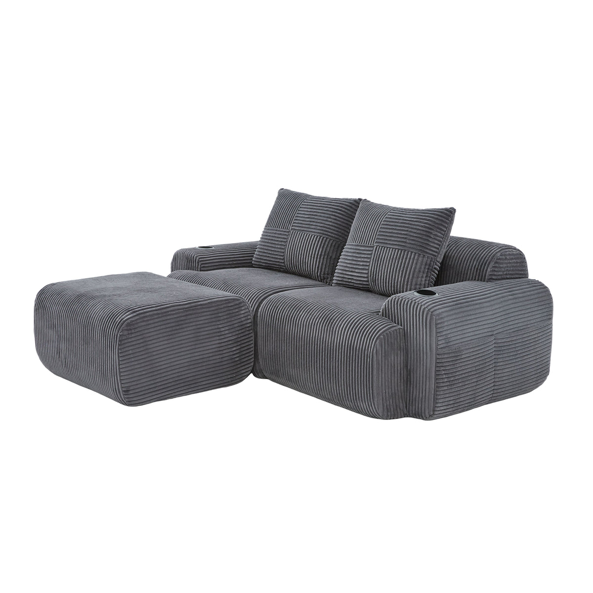 Dark Grey Corduroy 2-Seater Modular Sofa with Ottoman — detail 22