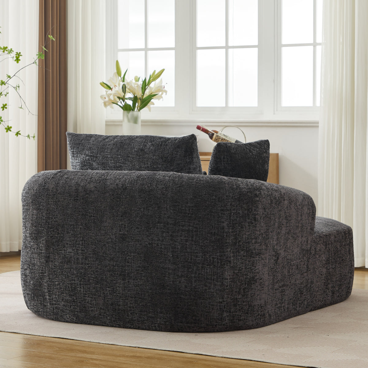 Black Oversized Chenille Chaise Lounge with Pillows — detail 7