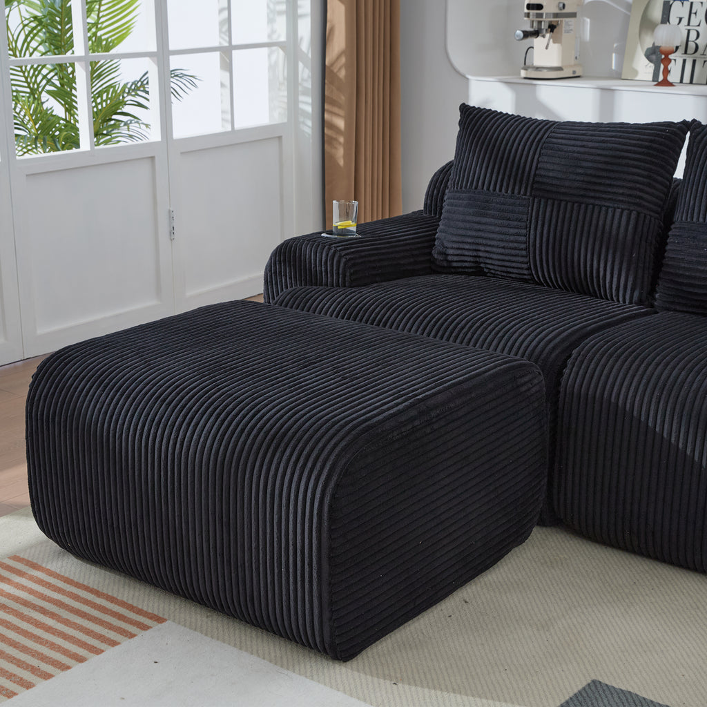 Black Corduroy 4-Seater Modular Sofa with Two Ottomans — detail 17