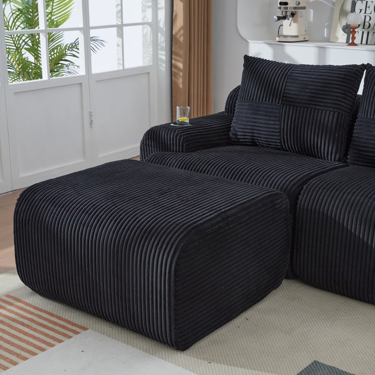 Black Corduroy 4-Seater Modular Sofa with Two Ottomans — detail 17