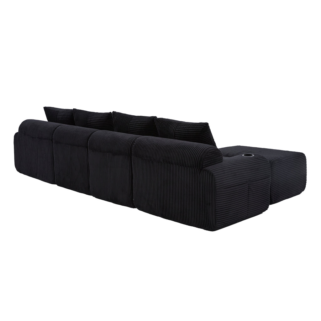 Black Corduroy 4-Seater Modular Sofa with Two Ottomans — detail 24