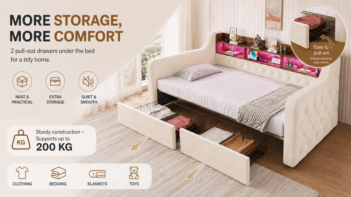 Beige Velvet Storage Bed Frame – 90 × 190 cm — detail 11