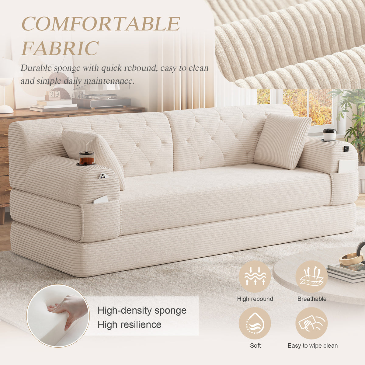 Beige Corduroy 3-Seater Sofa Bed — detail 5
