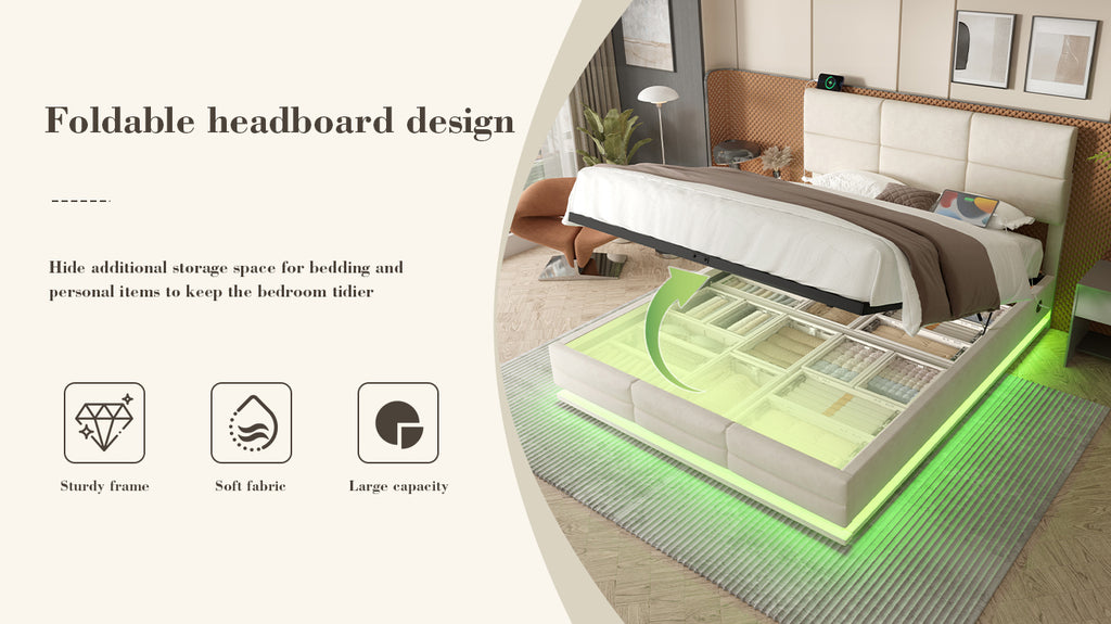 Beige Velvet Storage Bed Frame – 150 × 200 cm — detail 13