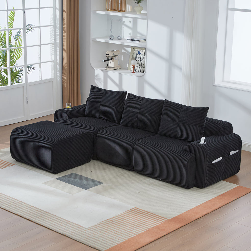 Black Corduroy 3-Seater Modular Sofa with Ottoman — detail 10