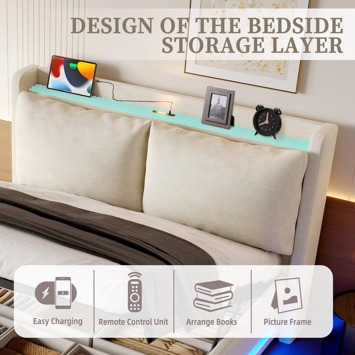 Beige Linen Storage Bed Frame – 135 × 190 cm — detail 8