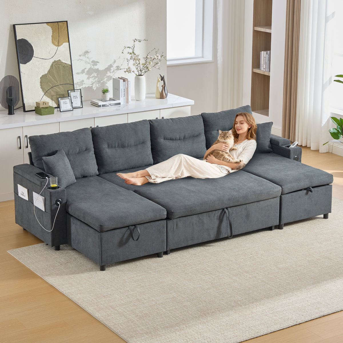 Dark Grey Oversized Chenille Chaise Lounge with Pillows — product view