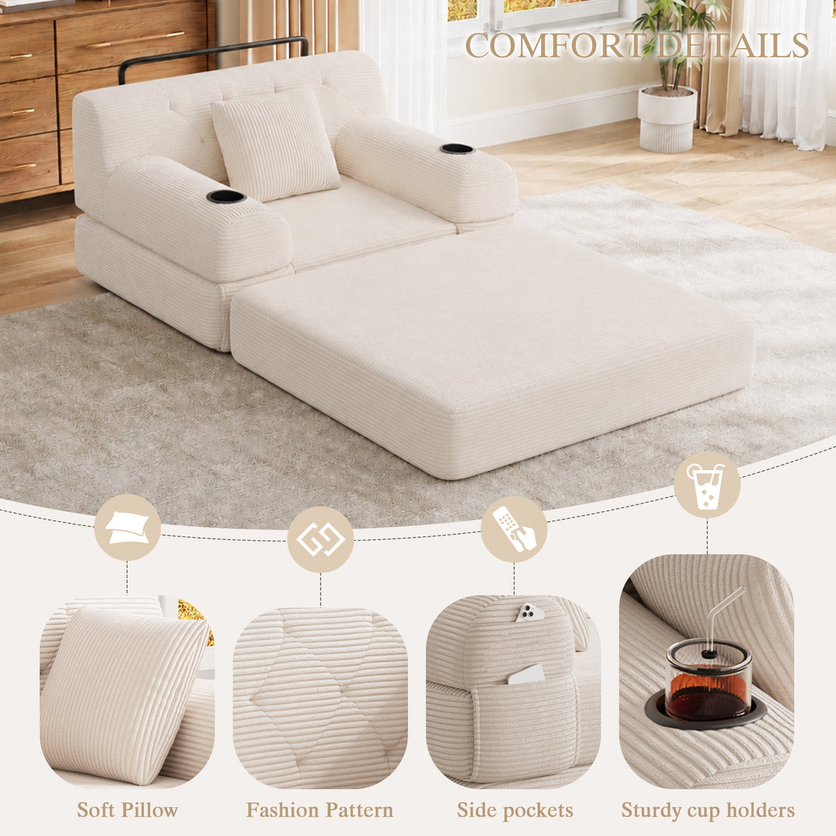 Beige Corduroy Sleeper Chair — detail 5