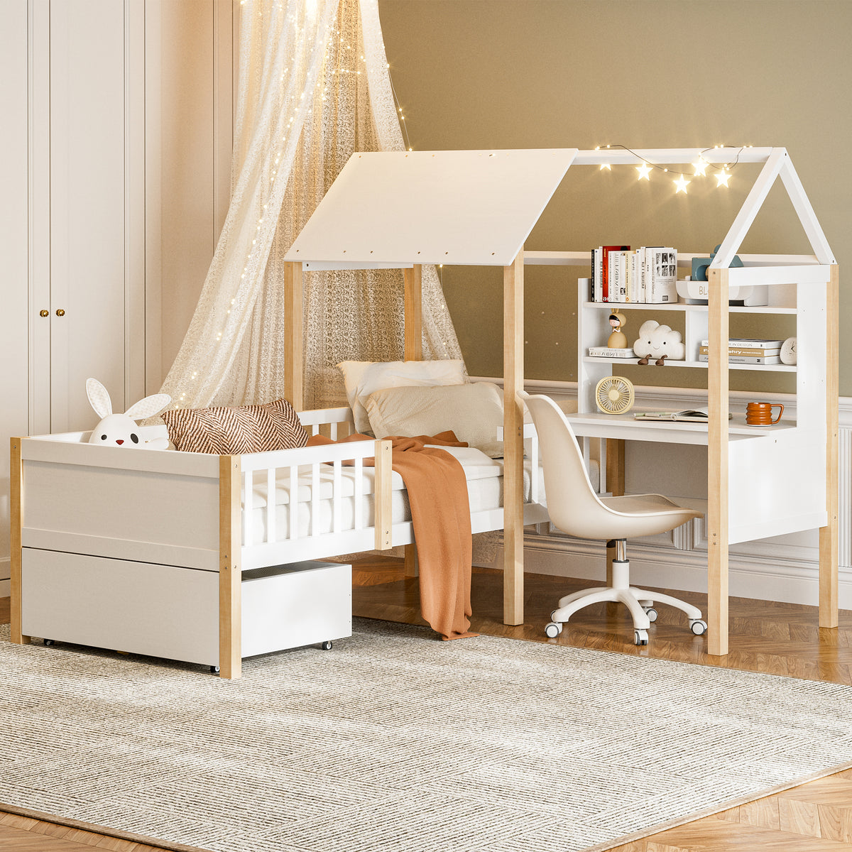 White Wooden House Bed with Desk and Storage – 90 × 190 cm — detail 8