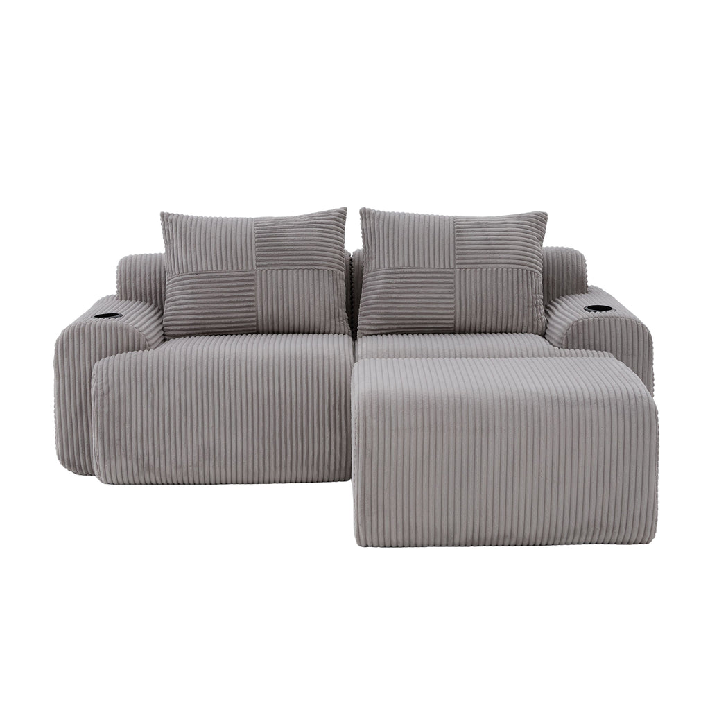 Light Grey Corduroy 2-Seater Modular Sofa with Ottoman — detail 18