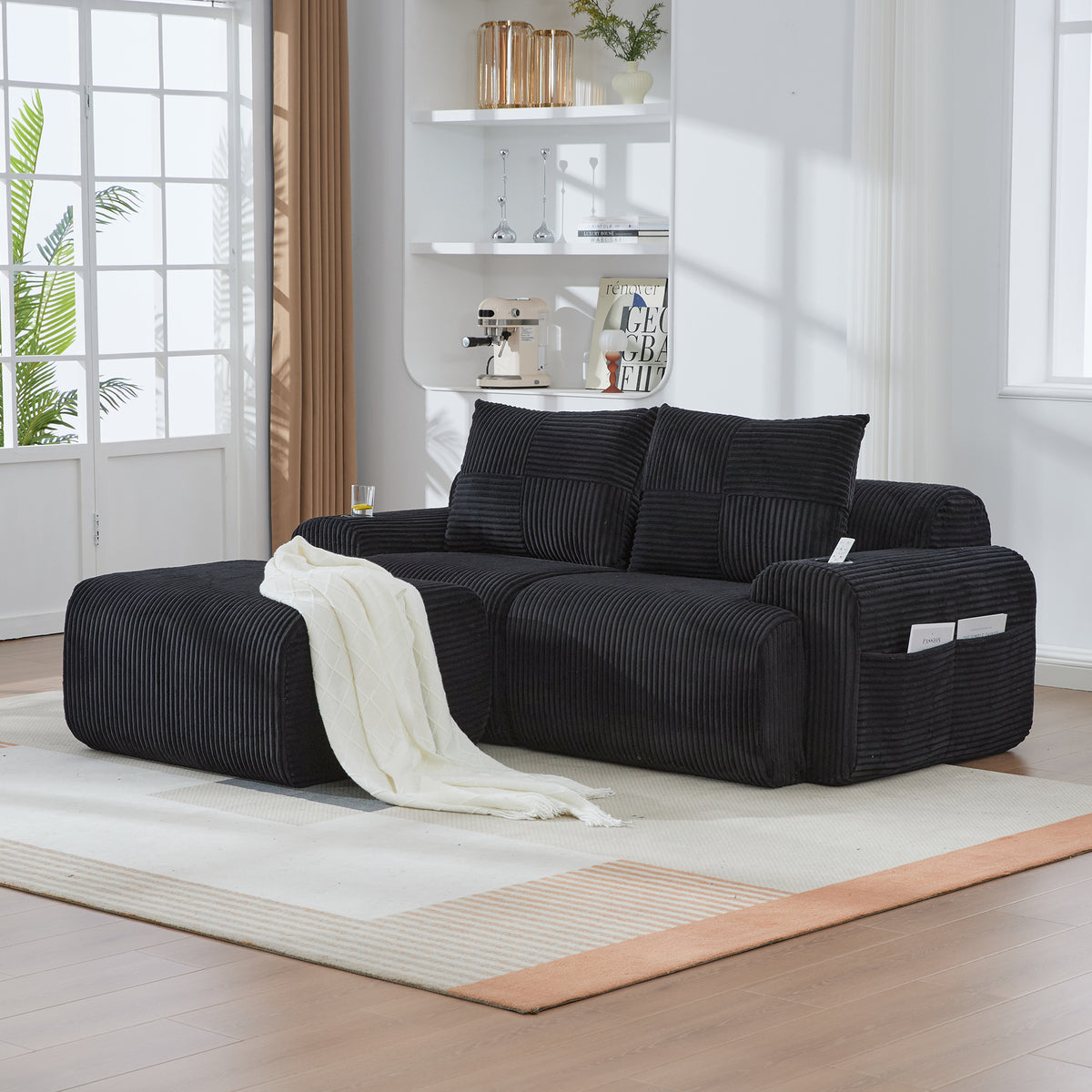Black Corduroy 2-Seater Modular Sofa with Ottoman — detail 13