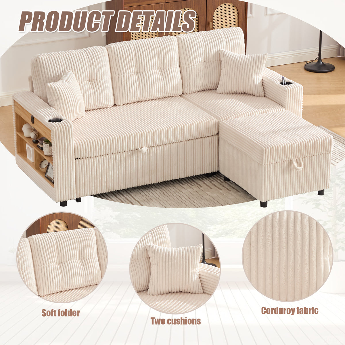 Beige Corduroy Sofa Bed — detail 6