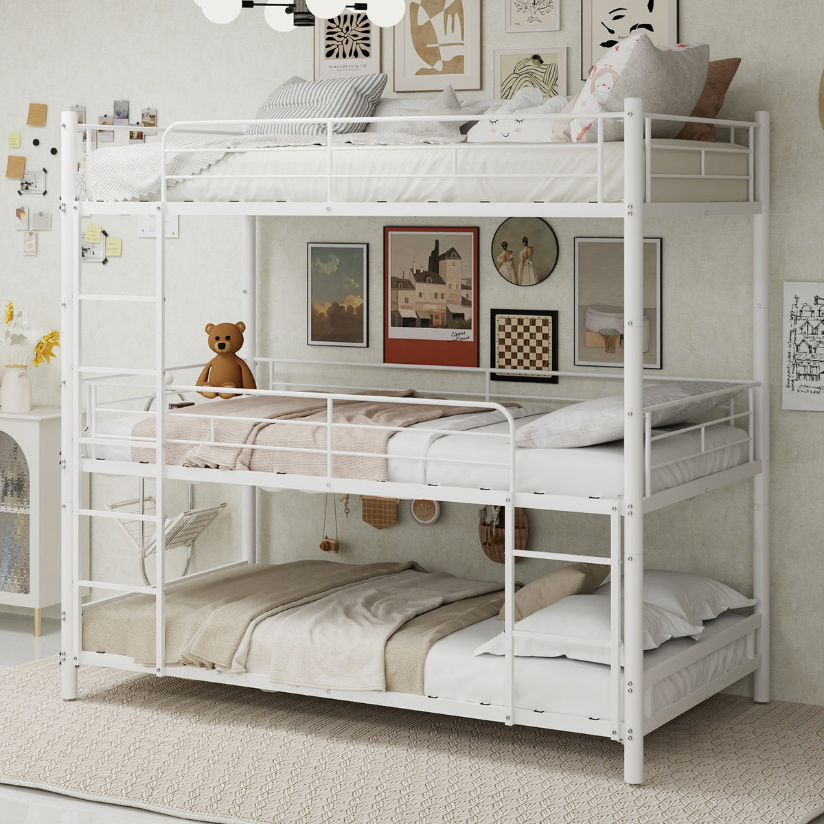 White Triple Metal Bunk Bed – 90 × 190 cm — detail 3