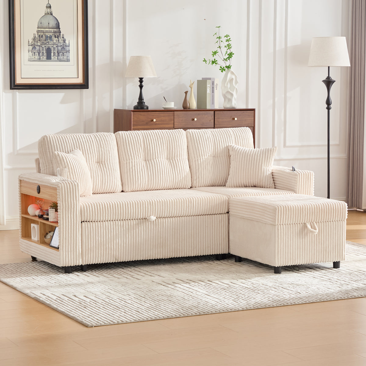 Beige Corduroy Sofa Bed — detail 15