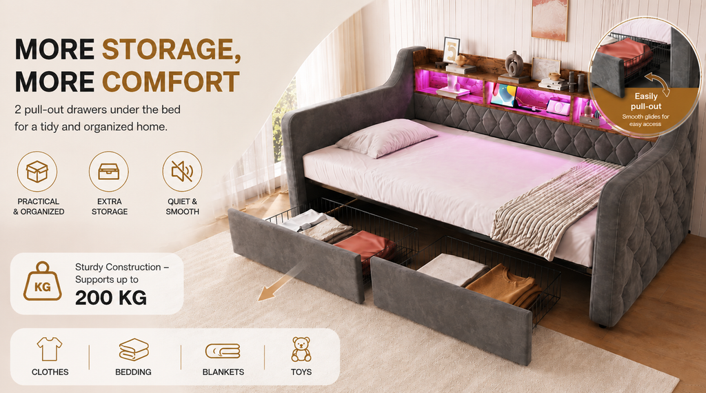 Dark Grey Velvet Storage Bed Frame – 90 × 190 cm — detail 11