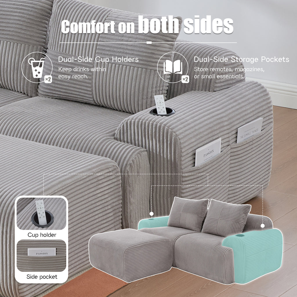 Light Grey Corduroy 2-Seater Modular Sofa with Ottoman — detail 6