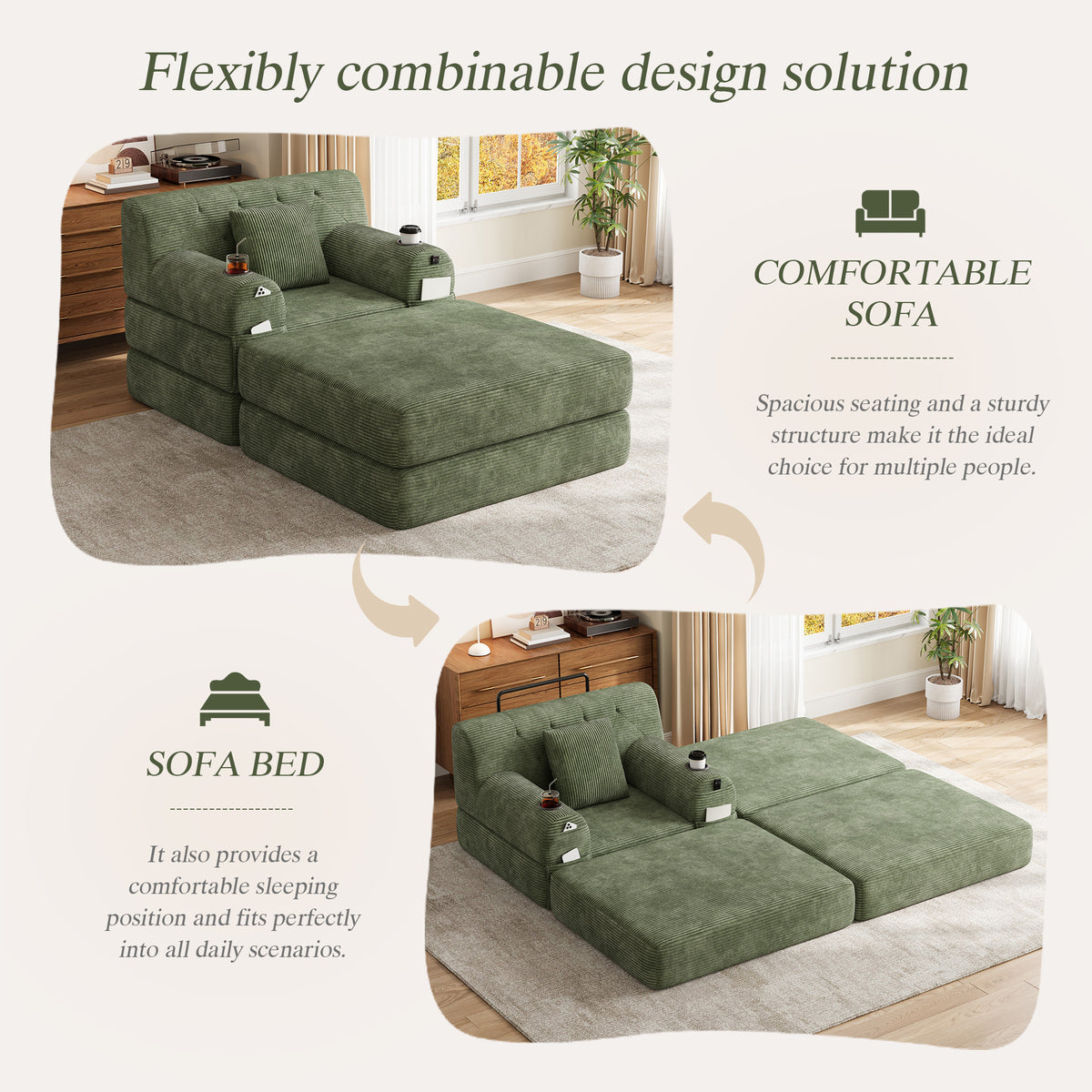 Green Corduroy Sleeper Chair with Ottoman — detail 3