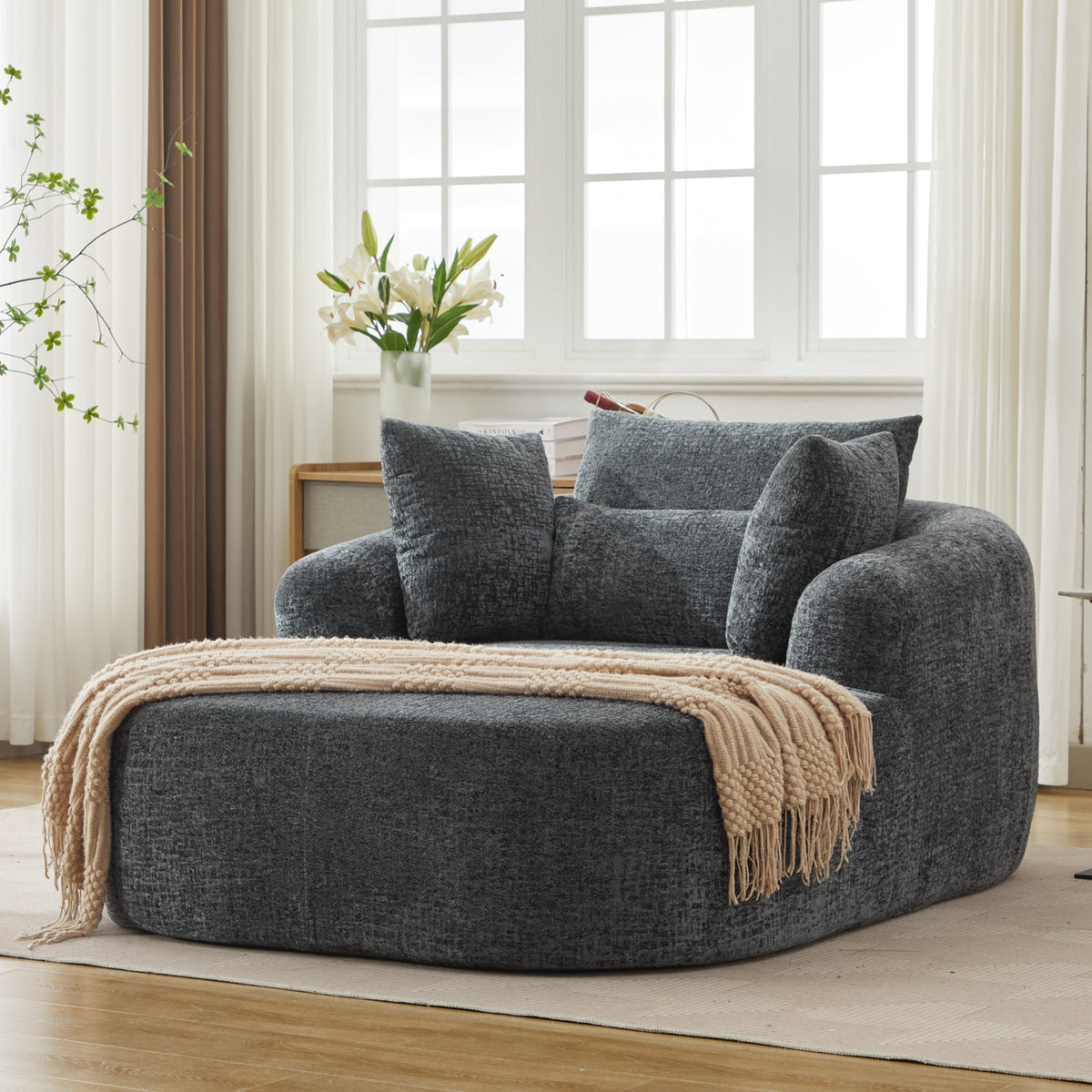 Grey Oversized Chenille Chaise Lounge with Pillows — detail 8