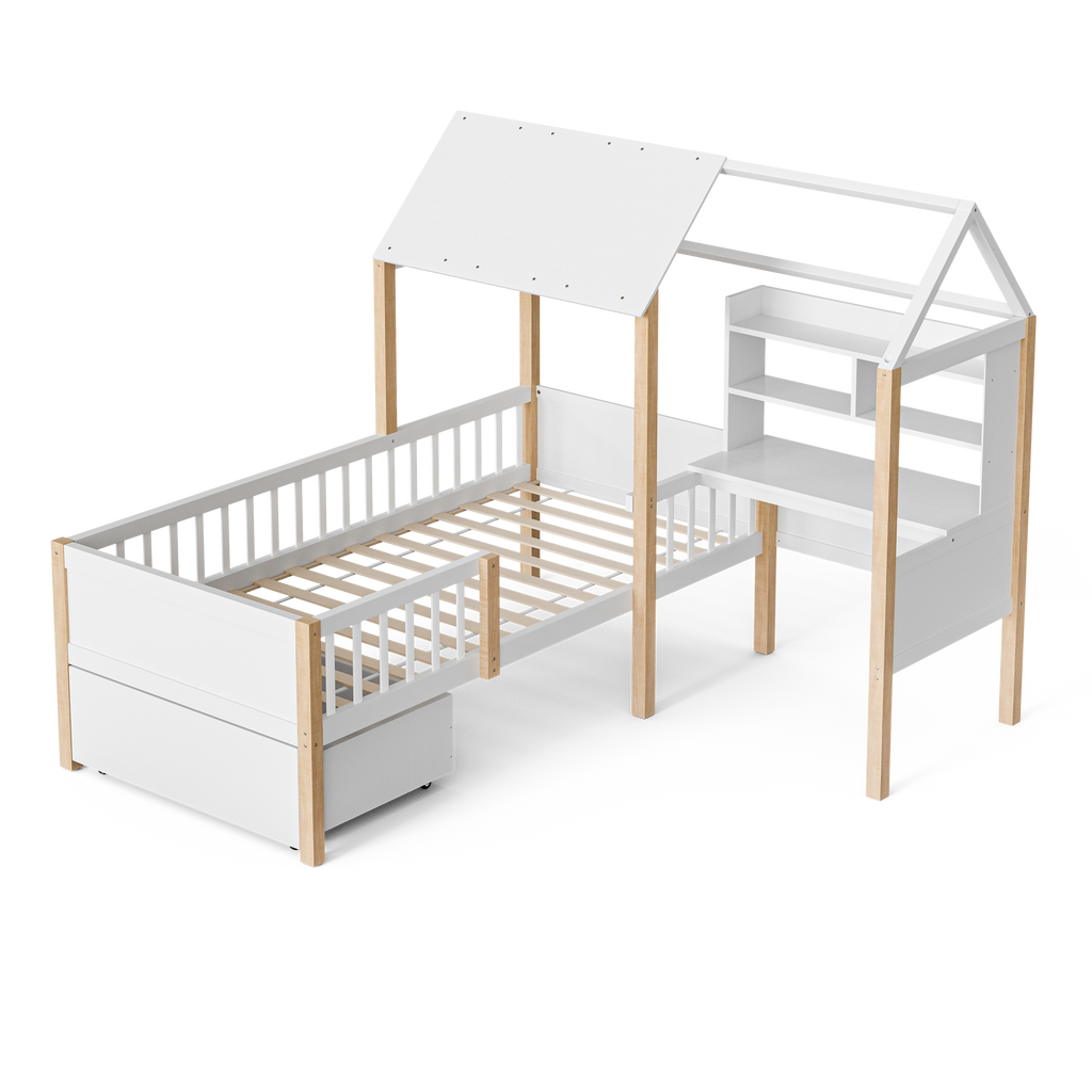 White Wooden House Bed with Desk and Storage – 90 × 190 cm — detail 20
