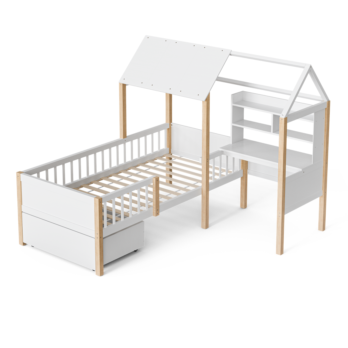 White Wooden House Bed with Desk and Storage – 90 × 190 cm — detail 20