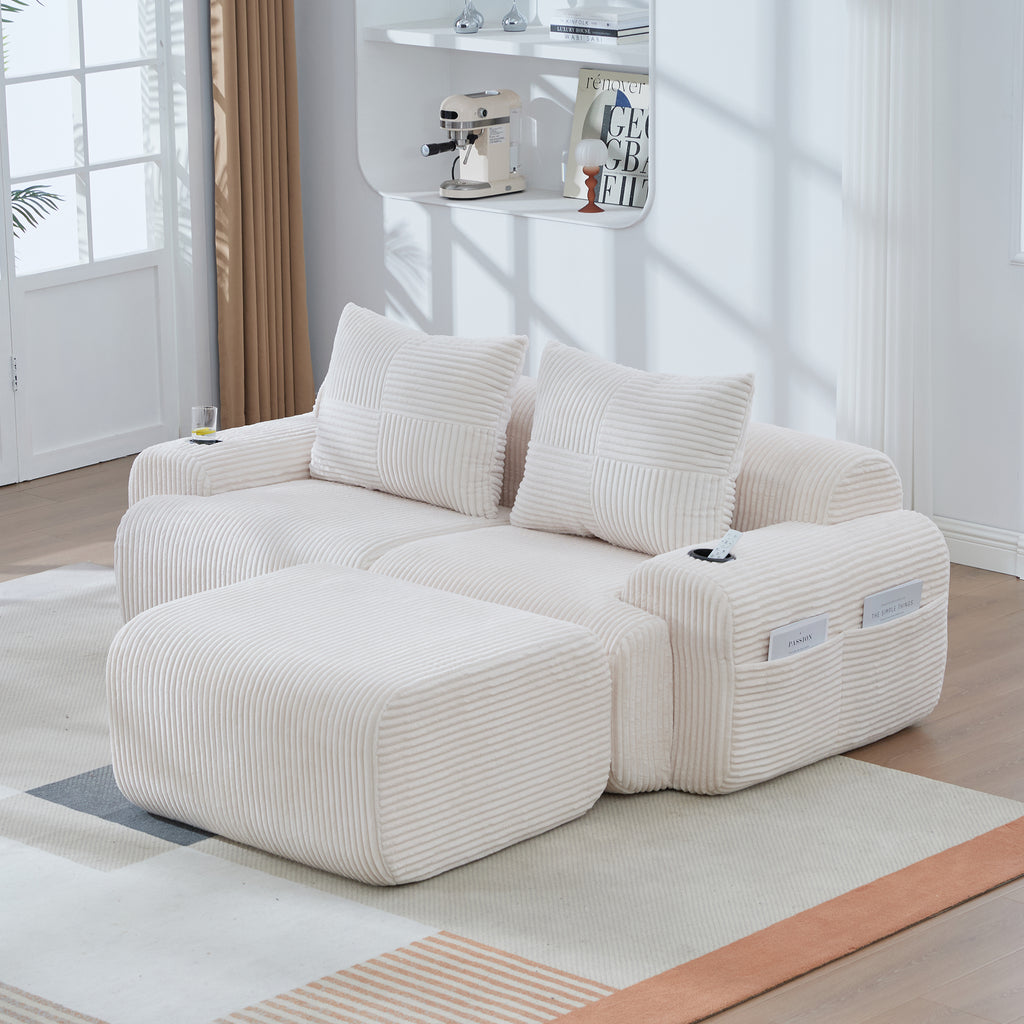 Beige Corduroy 2-Seater Modular Sofa with Ottoman — detail 12