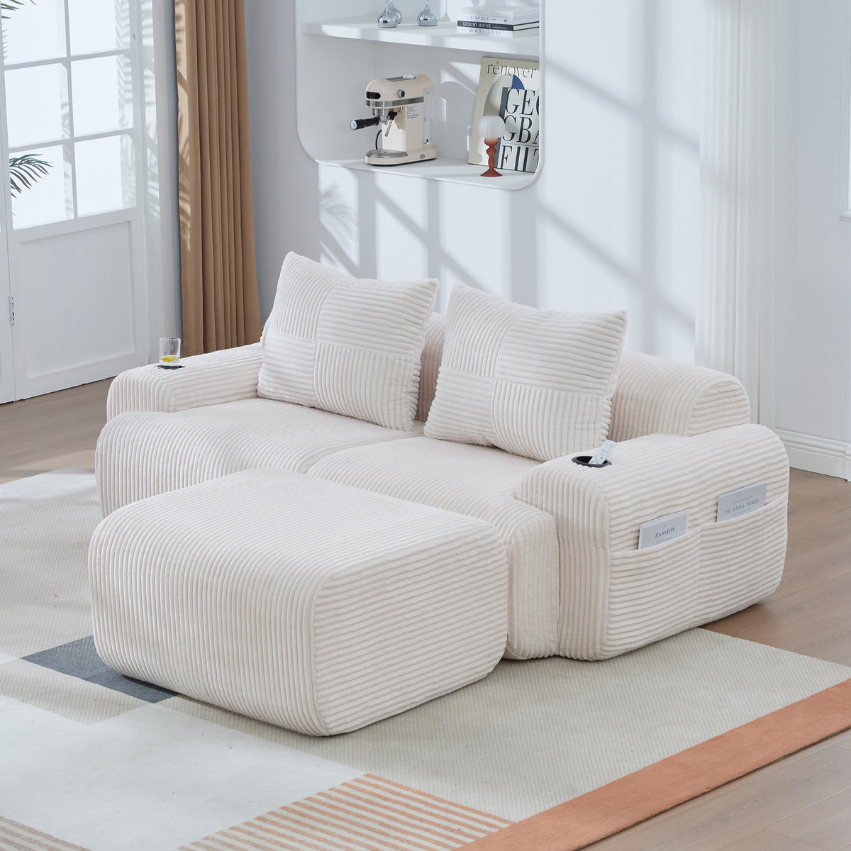 Beige Corduroy 2-Seater Modular Sofa with Ottoman — detail 12