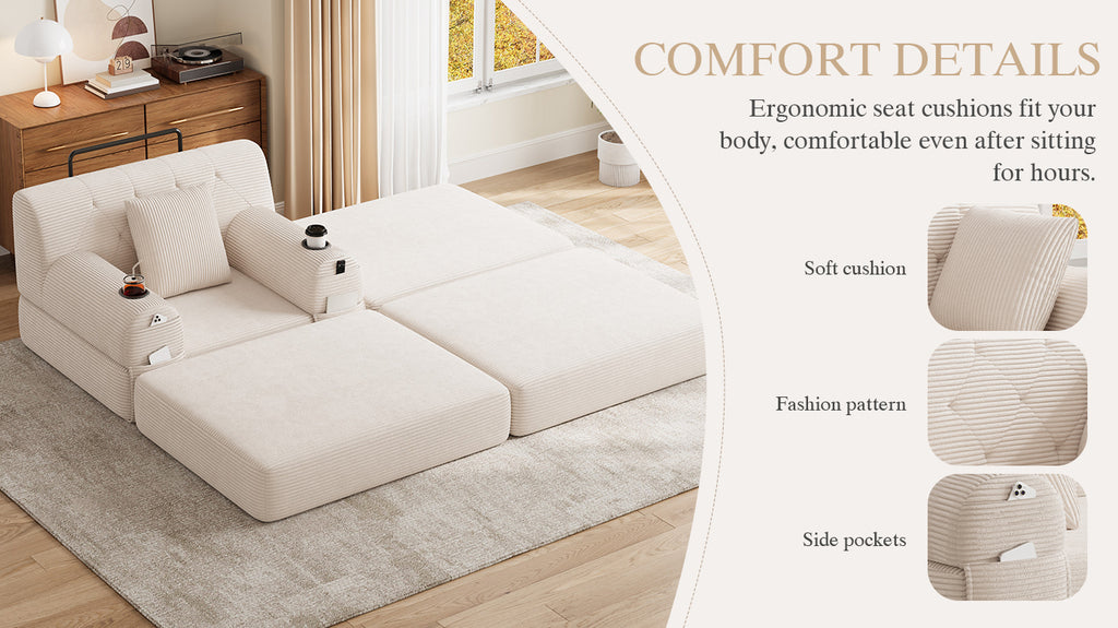 Beige Corduroy Sleeper Chair with Ottoman — detail 9