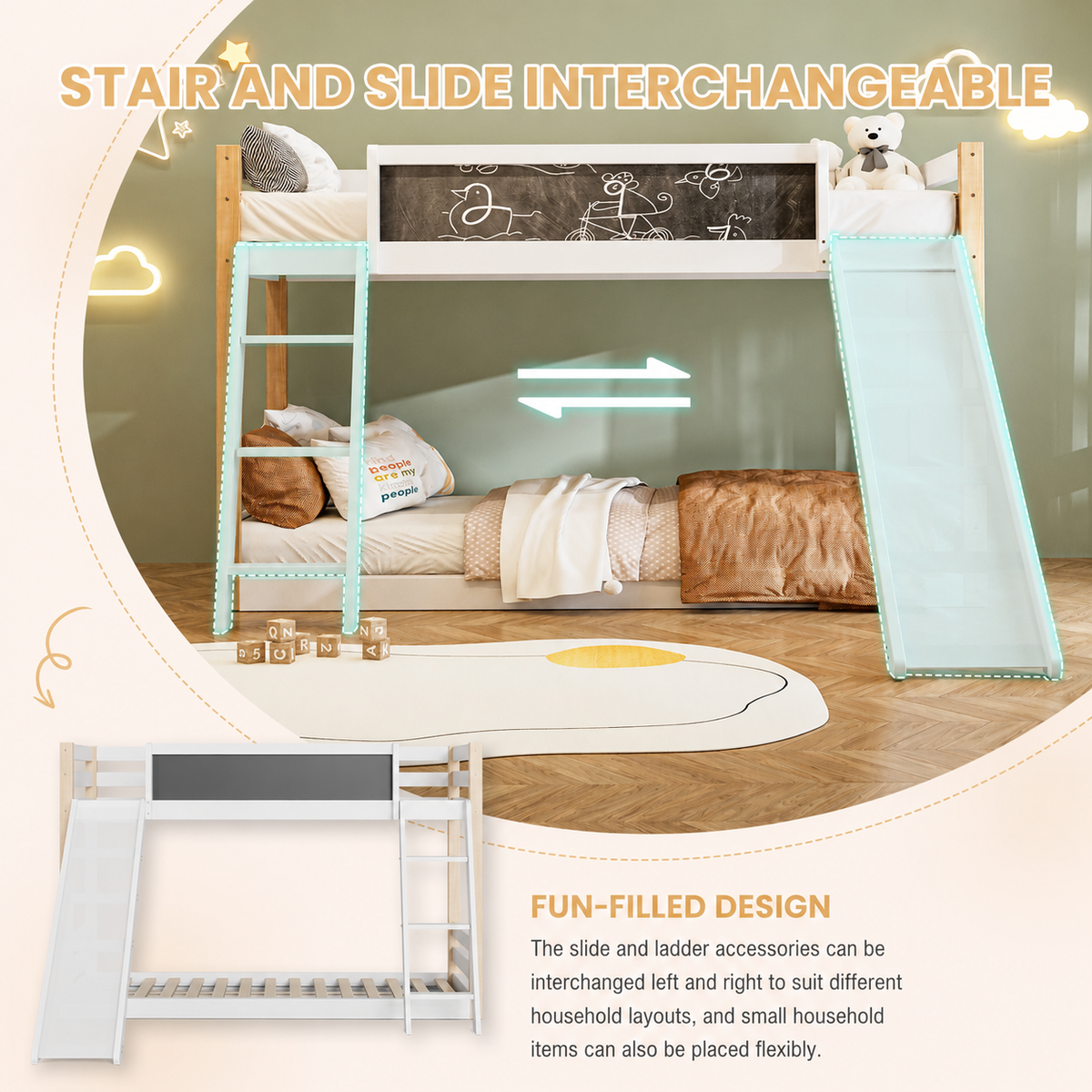 Wooden High Sleeper Bed with Slide and Storage Stairs – 90 × 190 cm — detail 5