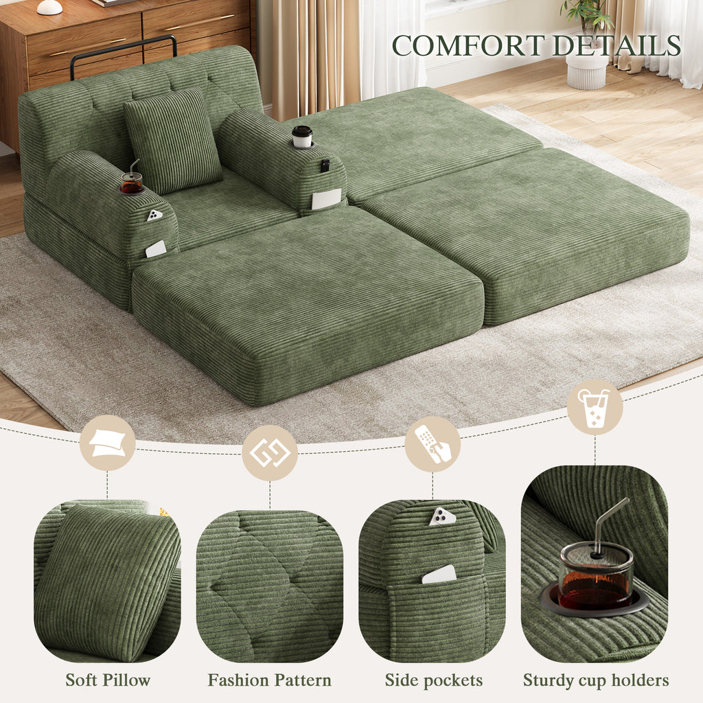 Green Corduroy Sleeper Chair with Ottoman — detail 5