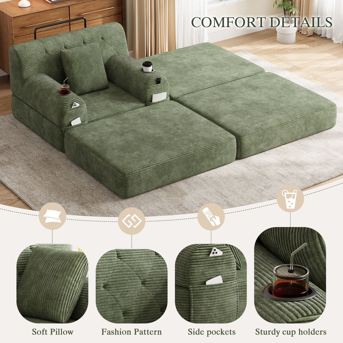 Green Corduroy Sleeper Chair with Ottoman — detail 5