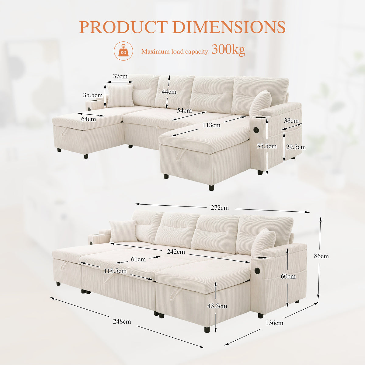 Beige Oversized Chenille Chaise Lounge with Pillows — detail 3