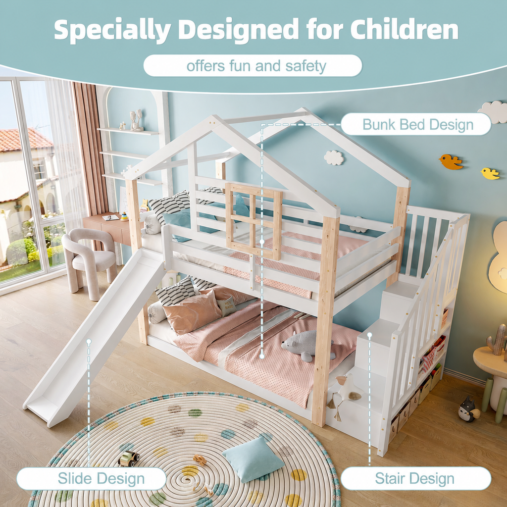 White Wooden Bunk Bed with Slide and Storage Stairs — detail 5
