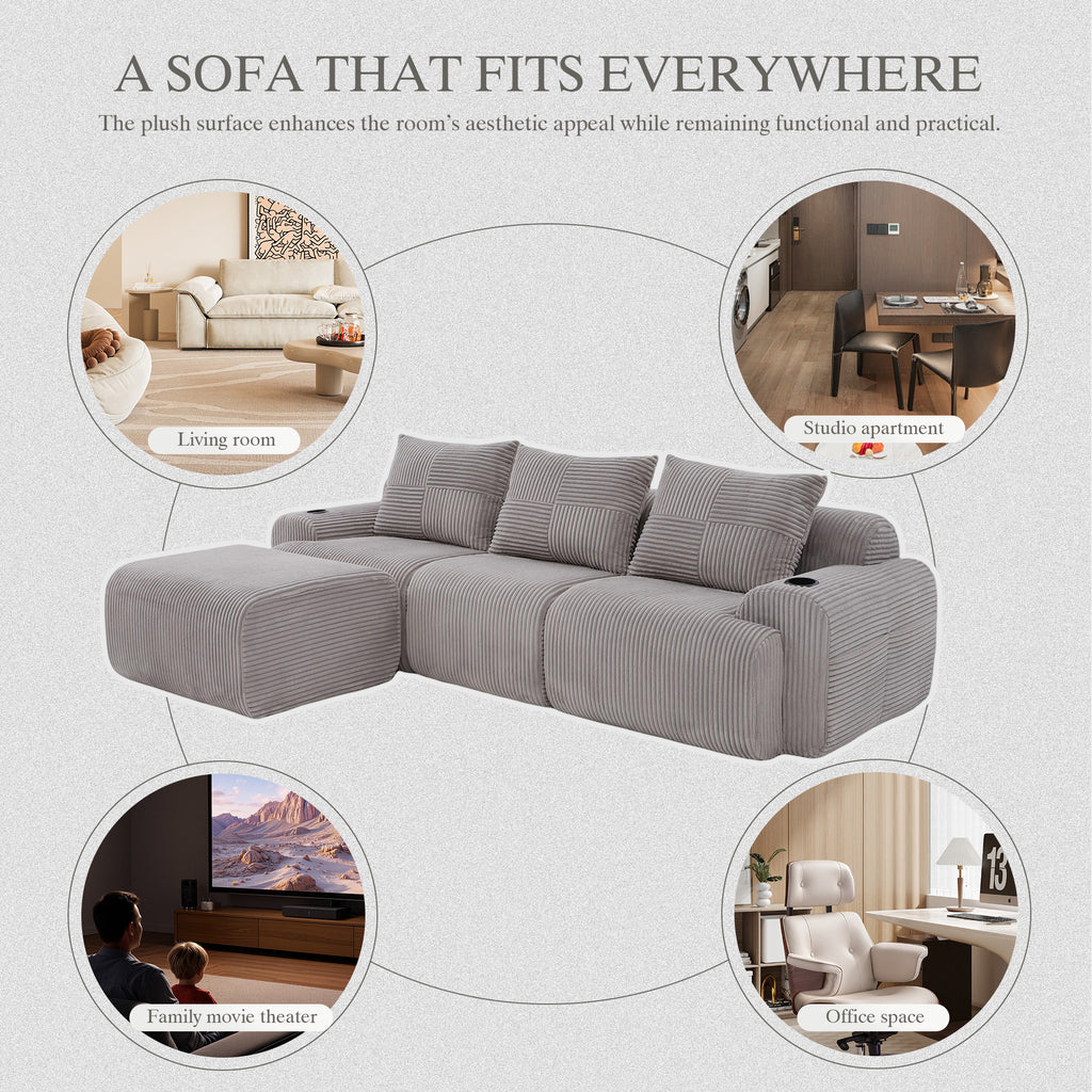 Light Grey Corduroy 3-Seater Modular Sofa with Ottoman — detail 8