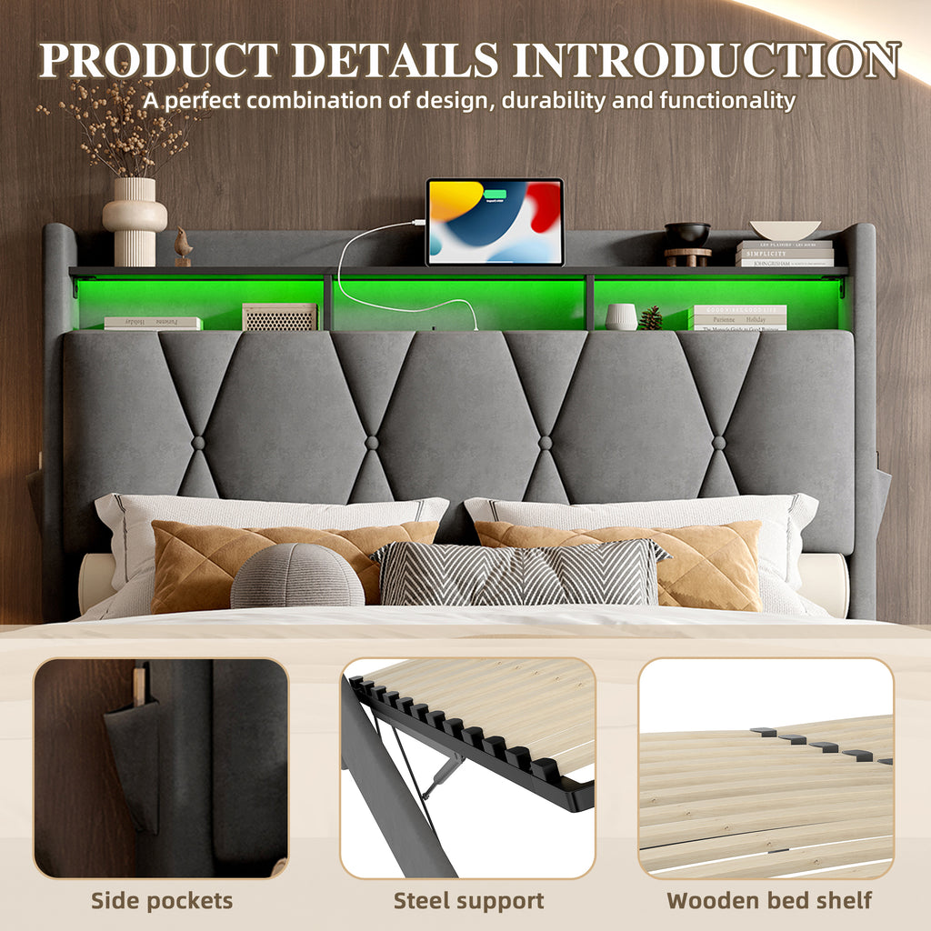 Dark Grey Velvet Storage Bed Frame – 135 × 190 cm — detail 8