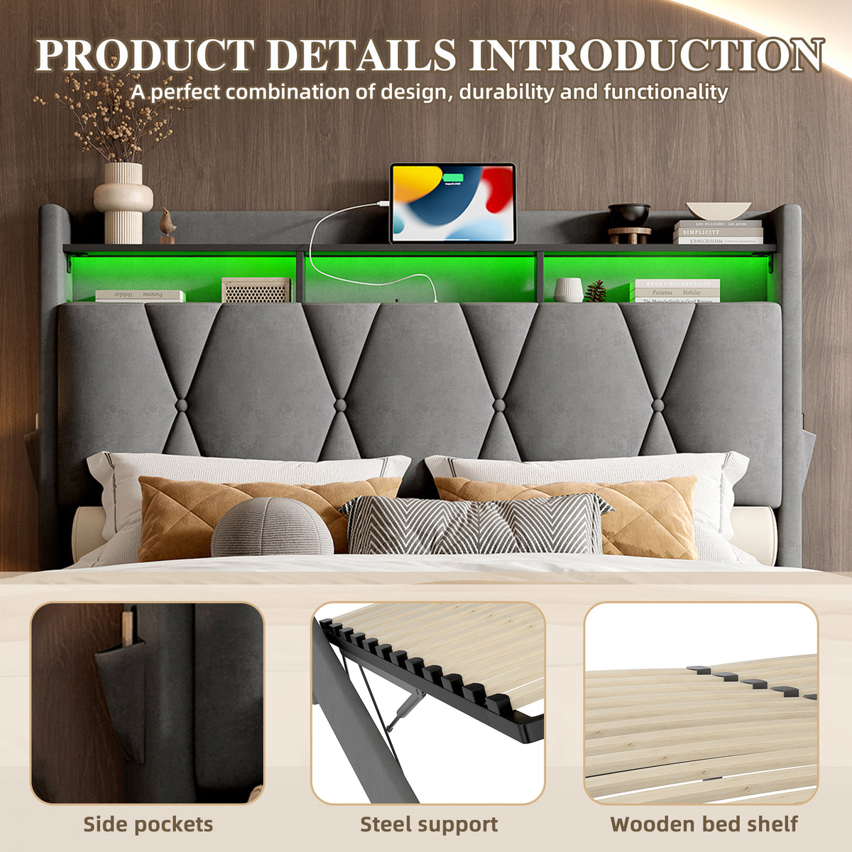 Dark Grey Velvet Storage Bed Frame – 150 × 200 cm — detail 8