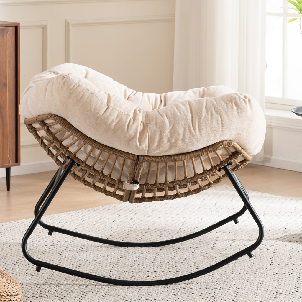Beige Oversized Rattan Rocking Chair with Cushion — detail 5