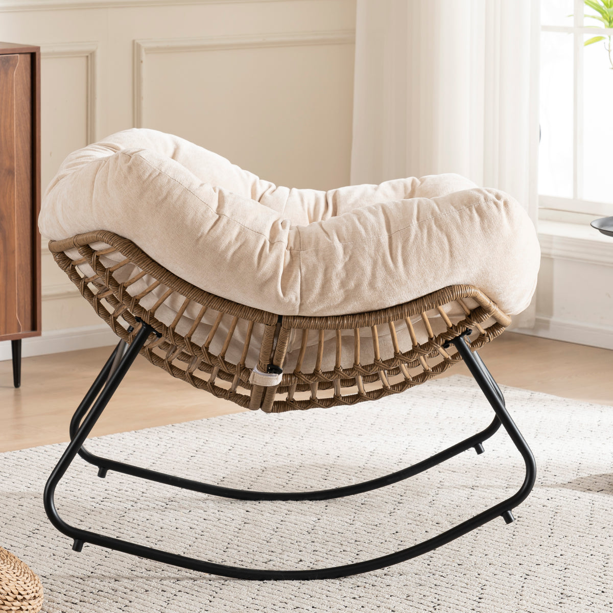 Beige Oversized Rattan Rocking Chair with Cushion — detail 5