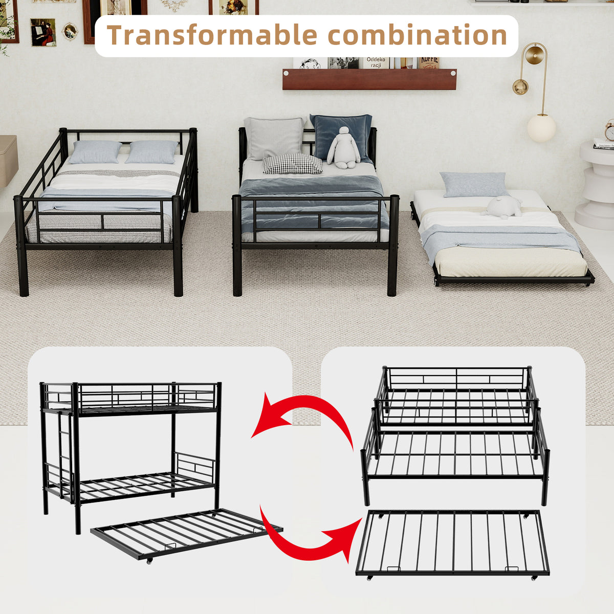 Black Metal Bunk Bed with Pull-Out Trundle – 90 × 190 cm — detail 8