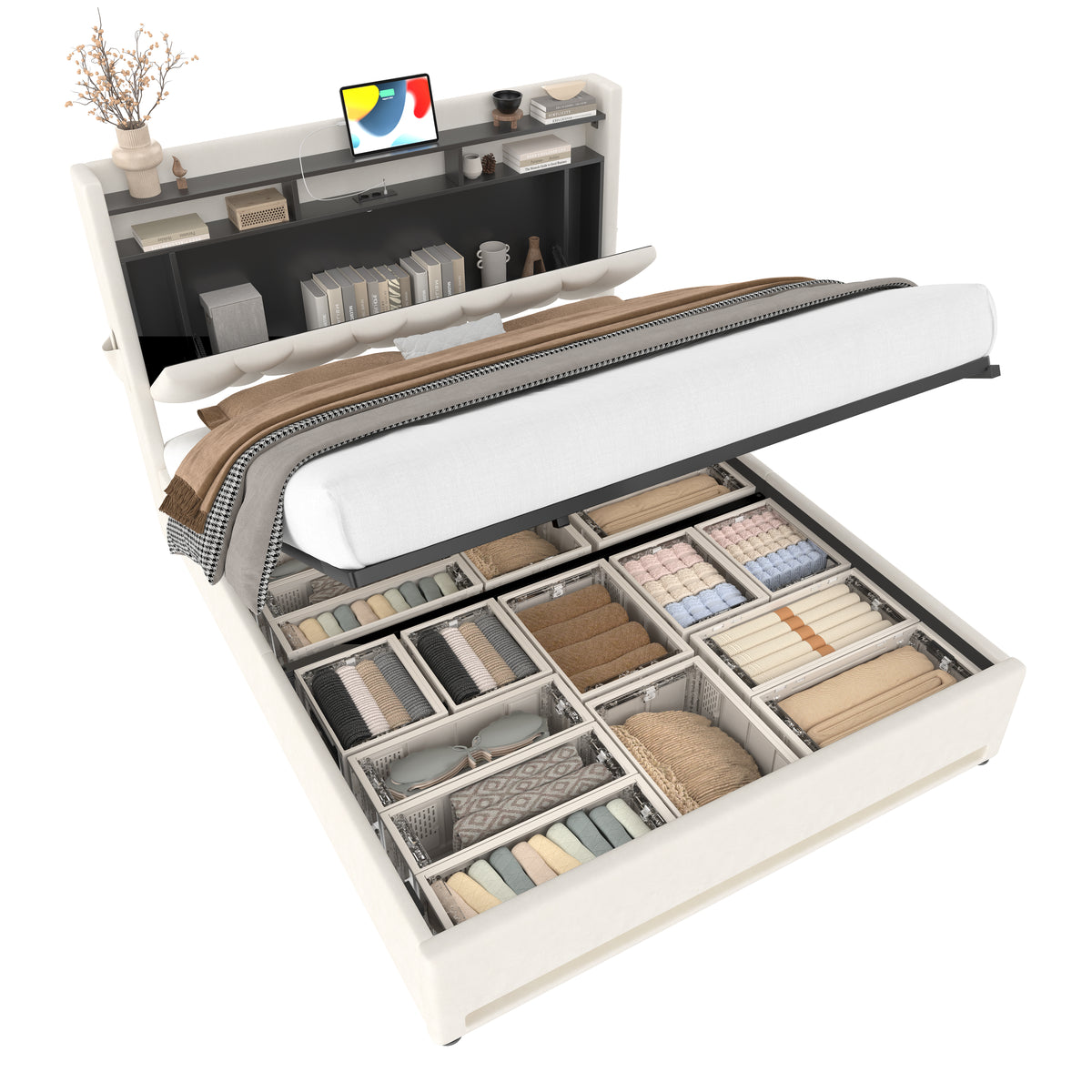 Beige Velvet Storage Bed Frame – 135 × 190 cm — detail 21