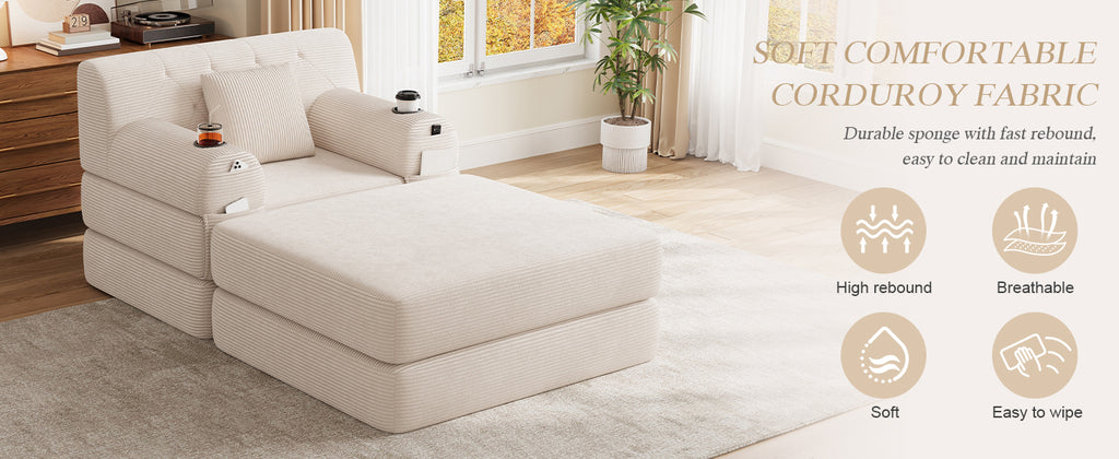 Beige Corduroy Sleeper Chair with Ottoman — detail 14