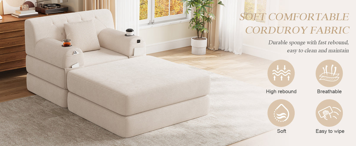 Beige Corduroy Sleeper Chair with Ottoman — detail 14