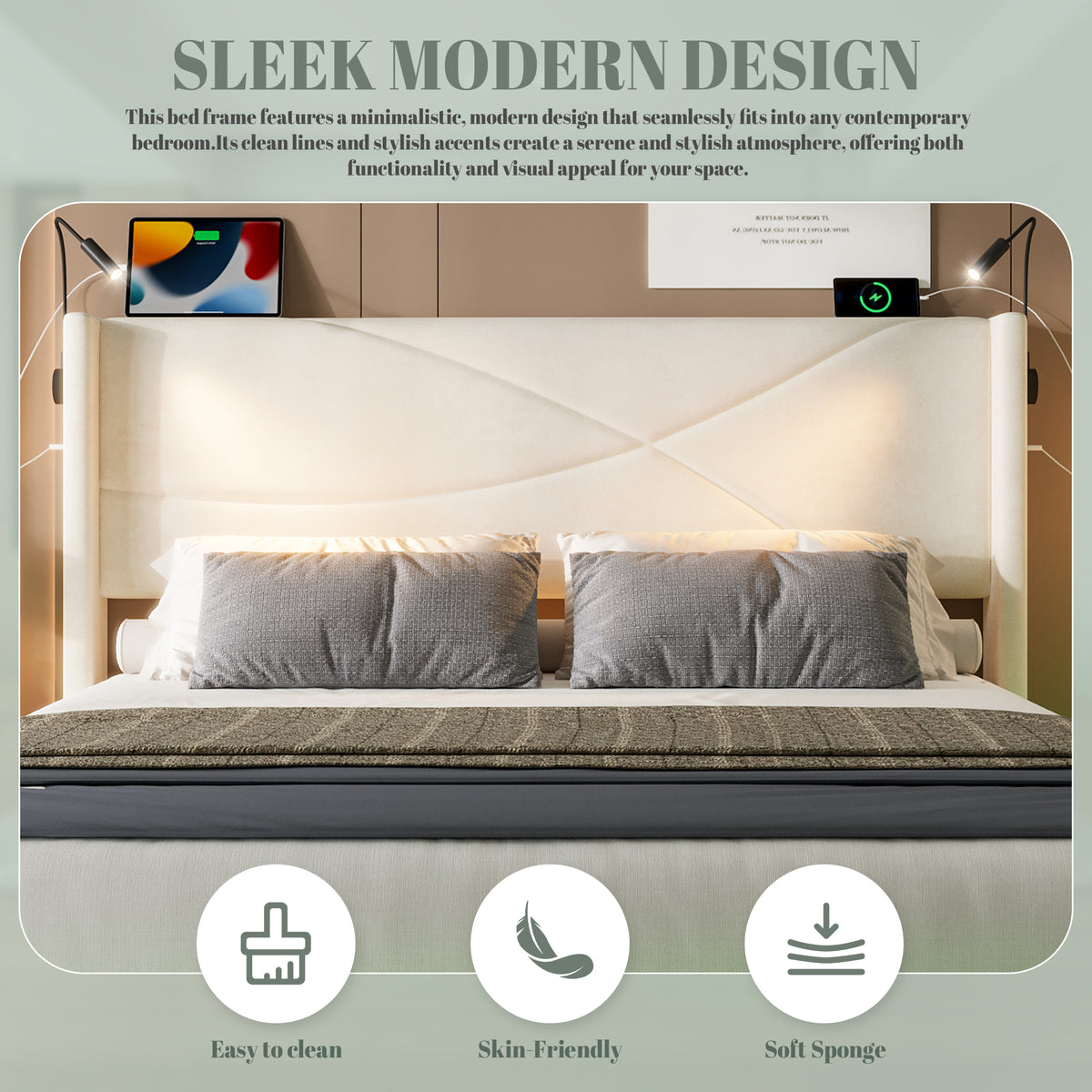Beige Velvet Storage Bed Frame – 150 × 200 cm — detail 7