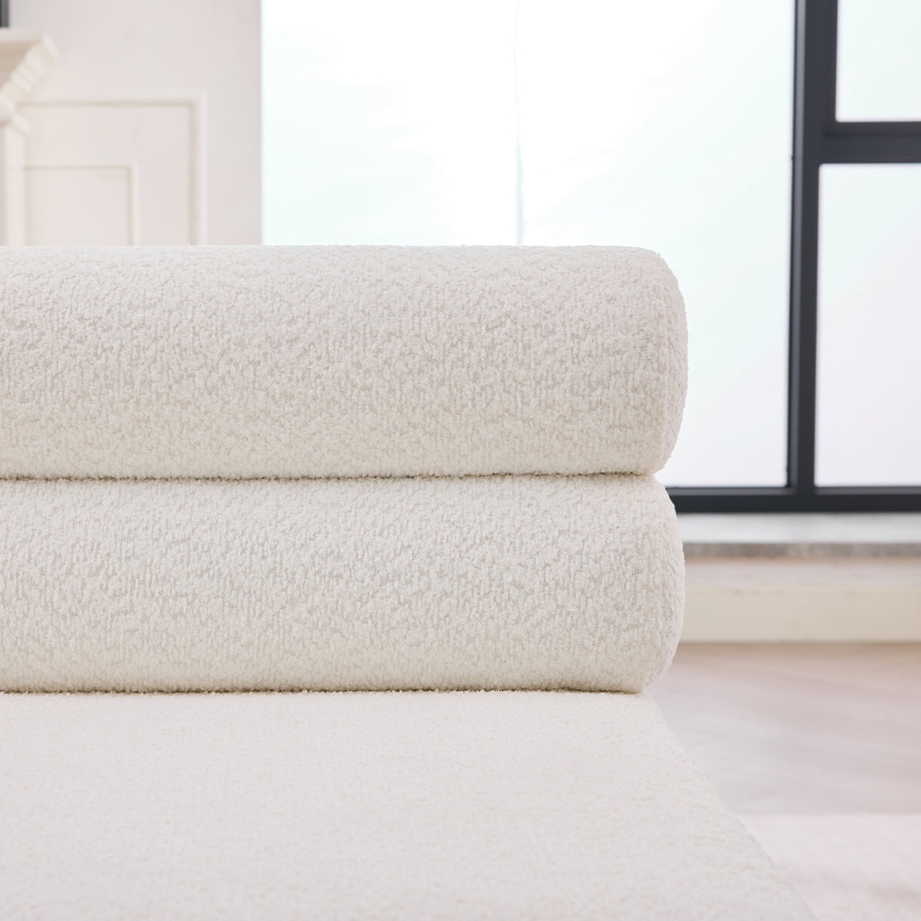 White Bouclé Upholstered Bench with Backrest — detail 7