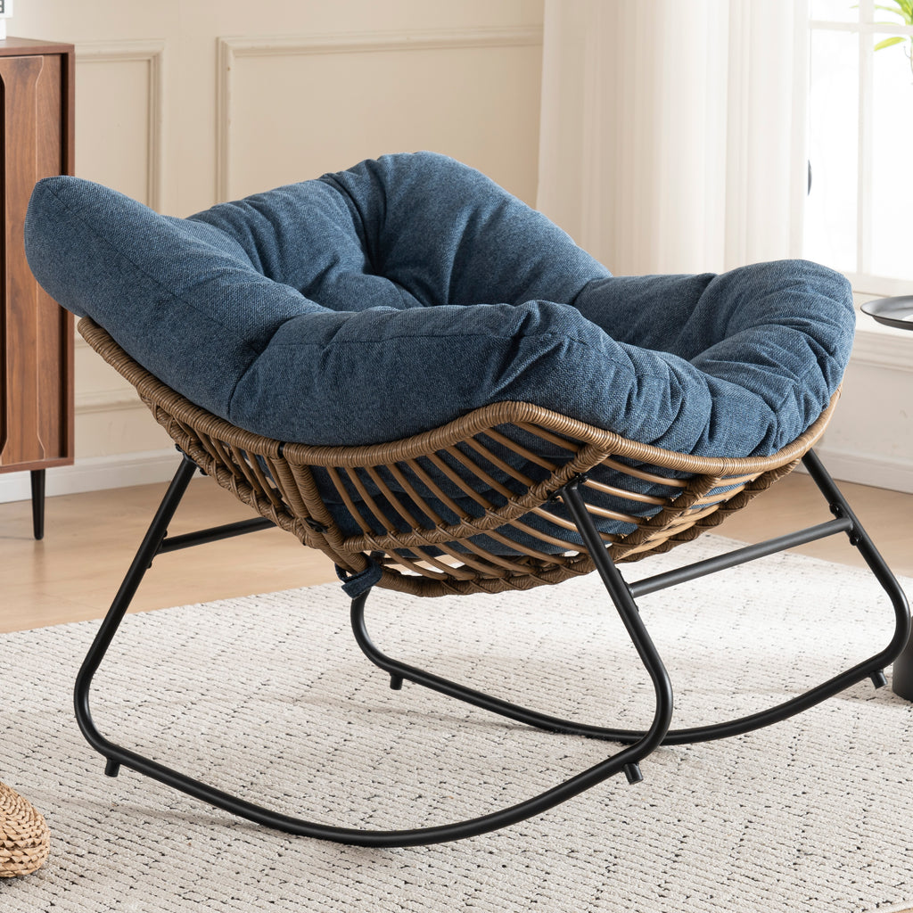 Blue Oversized Rattan Rocking Chair with Cushion — detail 3