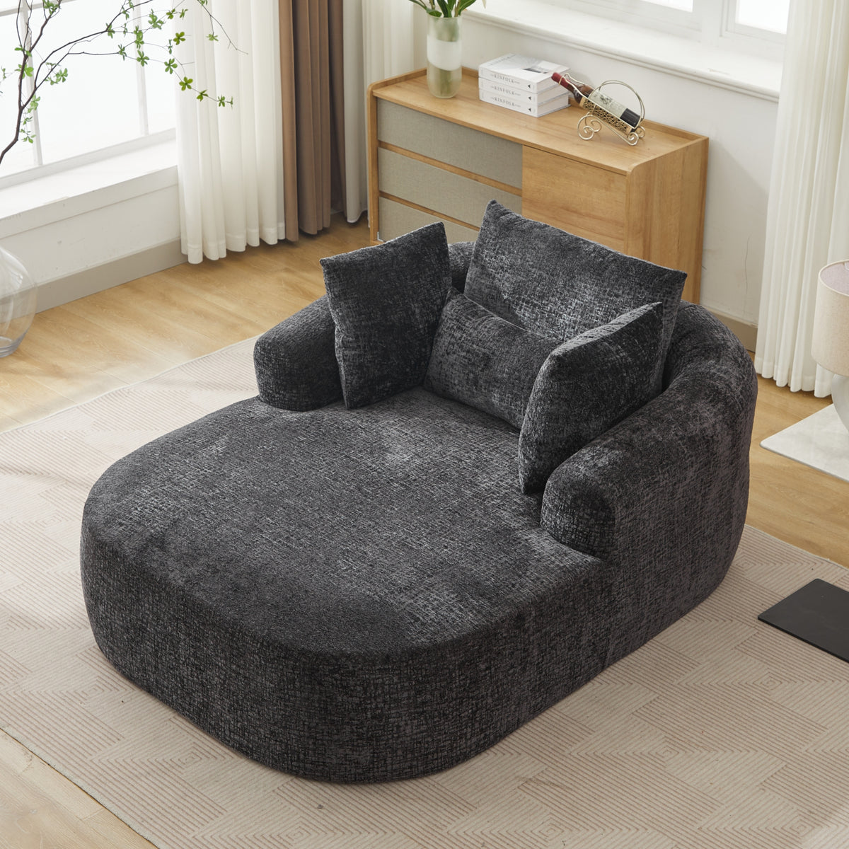 Black Oversized Chenille Chaise Lounge with Pillows — product view